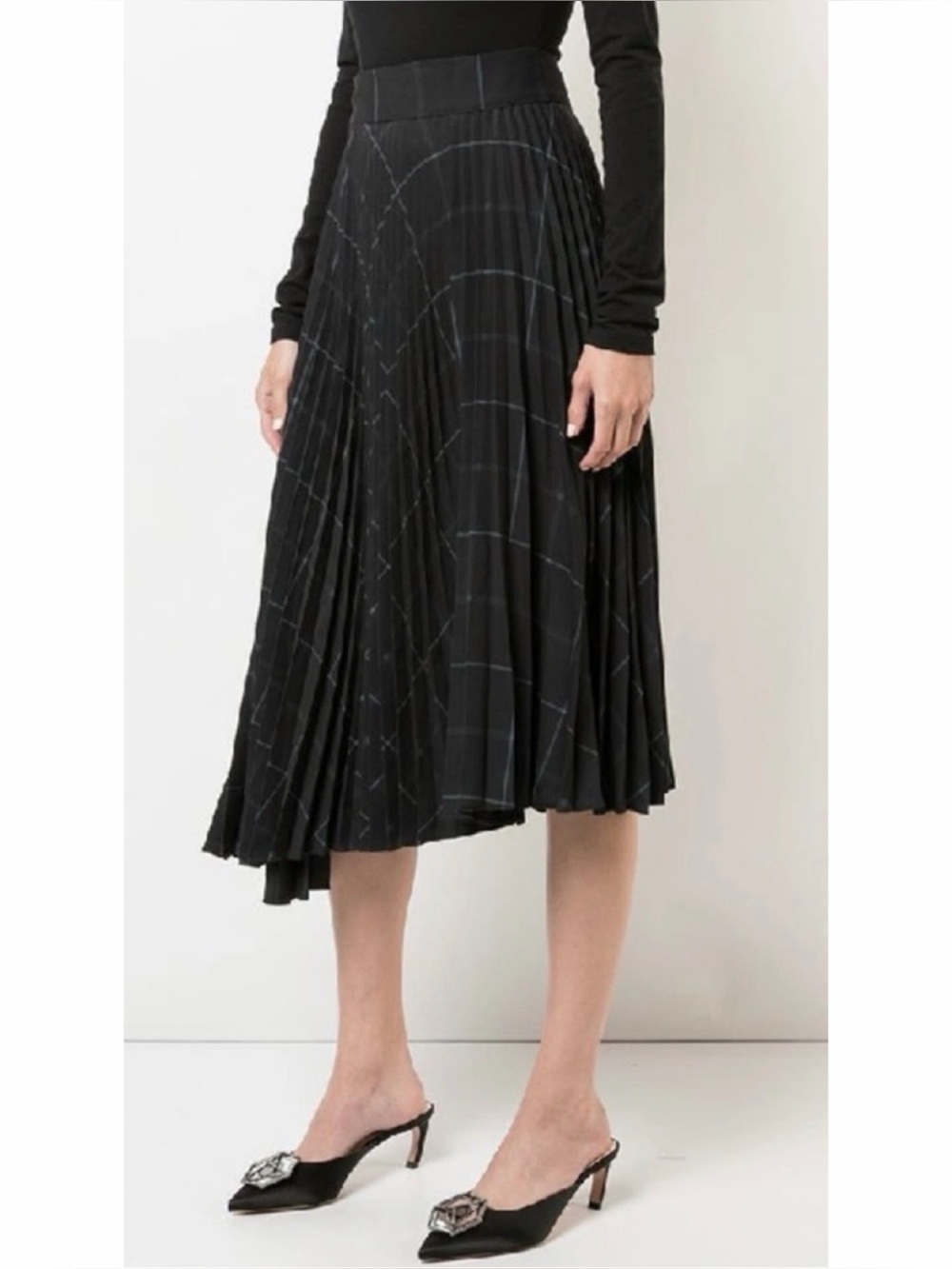 VINCE • Black/Grey Plaid Asymmetrical Pleated Crepe Midi Skirt, 4